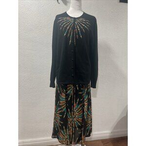 Bob Mackie  Art Cardigan Sweater And Skirt Sz L/M Black Embroidered Bejeweled